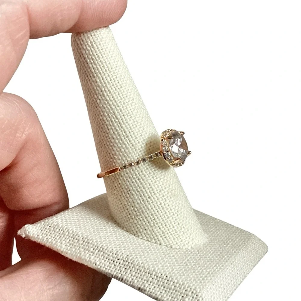 Round Clear Stone Set in Gold Tone Band Mini Side Stone Detailing Size 8.75